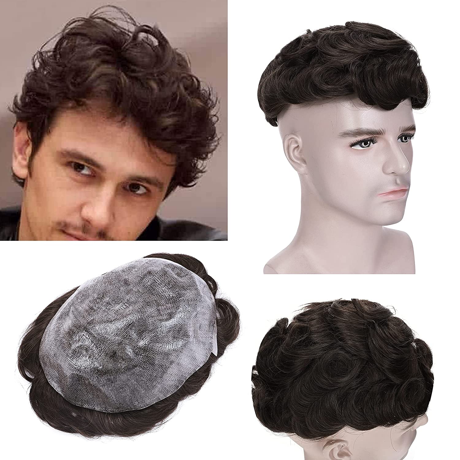 N.L.W. Curly PU Thin Skin System Mens Toupee Human Hair Topper ...